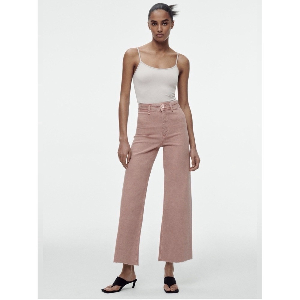 NEW! Zara The Marine Straight Wide Leg Jeans Frayed Raw Hem Dusty Rose SZ 0